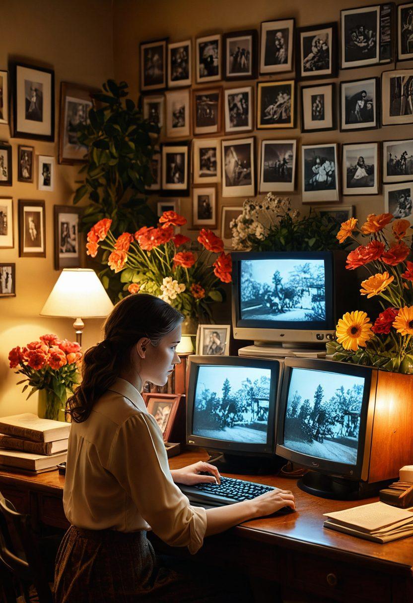 A captivating collage of vintage photos being digitally transformed into vibrant, high-resolution images. Show a person joyfully scanning photos, with a glowing computer screen displaying the digitized images. Include elements representing storytelling, like books and film reels, intertwined with blooming flowers to symbolize memories flourishing. A warm, nostalgic color palette with a touch of modern technology. super-realistic. vibrant colors.