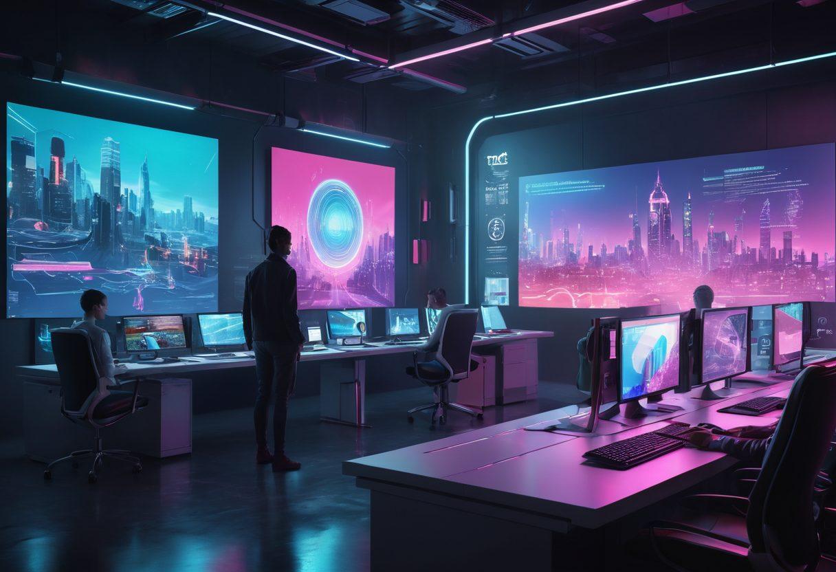 A futuristic workspace showcasing advanced scanning technology, with a sleek scanner capturing vibrant graphics and visuals on a large screen. The background features dynamic storytelling elements, like digital storytelling boards and holographic images that illustrate various scenes. A diverse group of people collaborates, expressing excitement and creativity, symbolizing innovation in visual storytelling. The color palette is modern and bright, emphasizing a sense of revolution and inspiration. cyberpunk. vibrant colors. 3D.