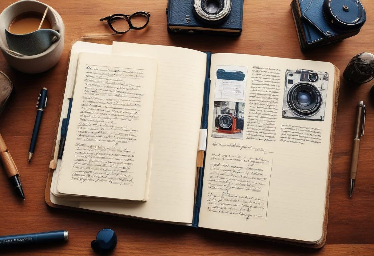 A visually striking split scene showcasing a vintage analog journal on one side, filled with hand-written notes and sketches, transitioning into a modern digital journal displayed on a sleek tablet, filled with vibrant images and processed graphics. In the background, subtle elements of analog tools like pens and cameras blend with digital icons and UI elements to illustrate the evolution. The overall color palette should be rich and engaging to evoke creativity. super-realistic. vibrant colors.